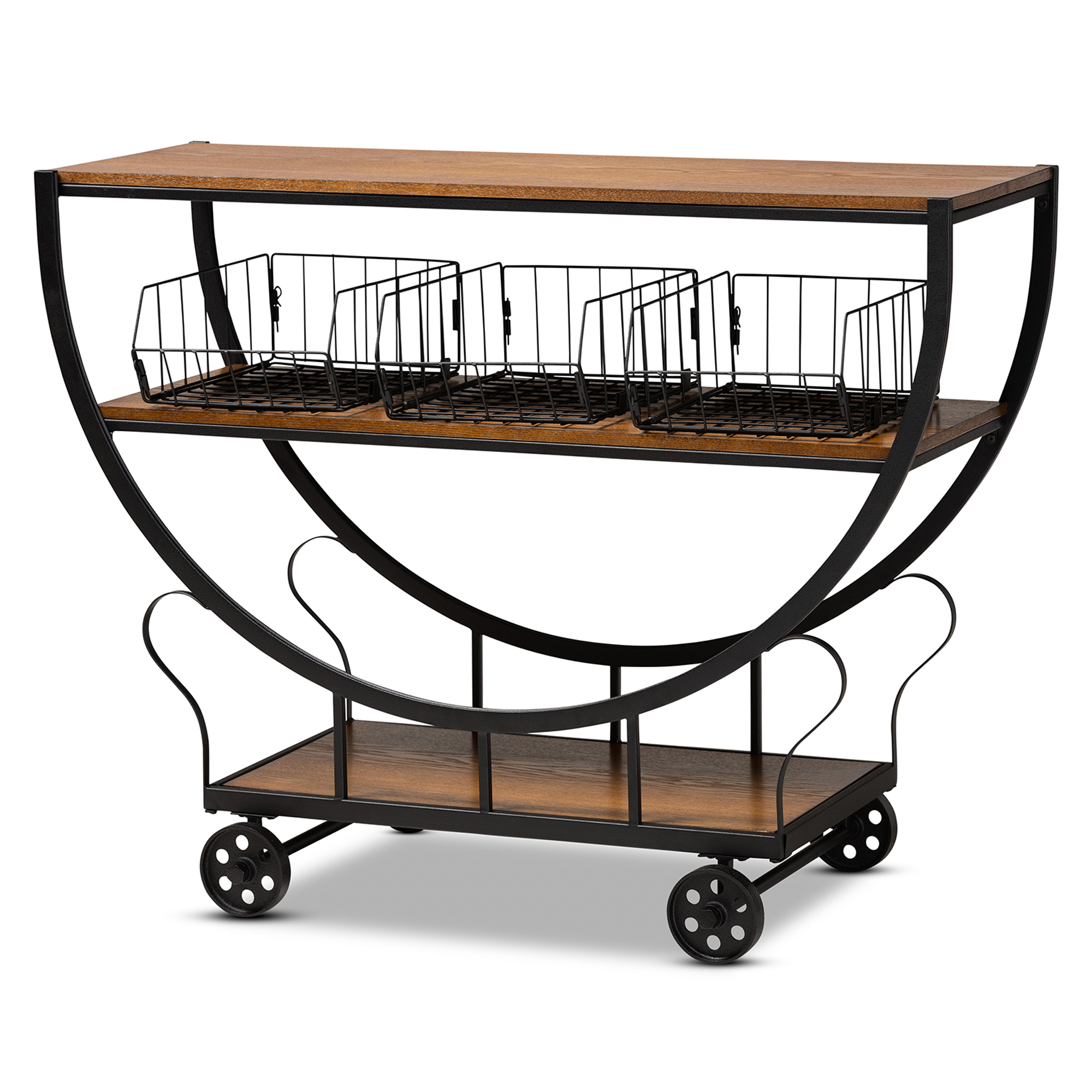 Baxton Studio Frieda Rustic and Industrial Farmhouse Walnut Brown Finished Wood and Black Finished Metal Console Cart